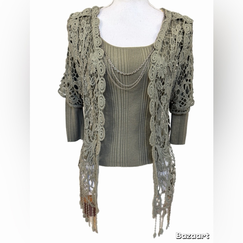 August Silk Petite Olive Green Ribbed Top With Crochet Jacket Attached Necklace